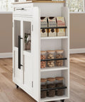Farmhouse Mobile Kitchen Island Cart With Slick Rolling Lockable Casters And Front Glass Cabinet Plus Roomy Gear Hauler Drawer And Three Tier Spice Shelf For Weekend Cookoffs, side view with jars and spice shelves.