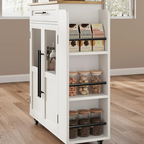Farmhouse Mobile Kitchen Island Cart With Slick Rolling Lockable Casters And Front Glass Cabinet Plus Roomy Gear Hauler Drawer And Three Tier Spice Shelf For Weekend Cookoffs, side view with jars and spice shelves.