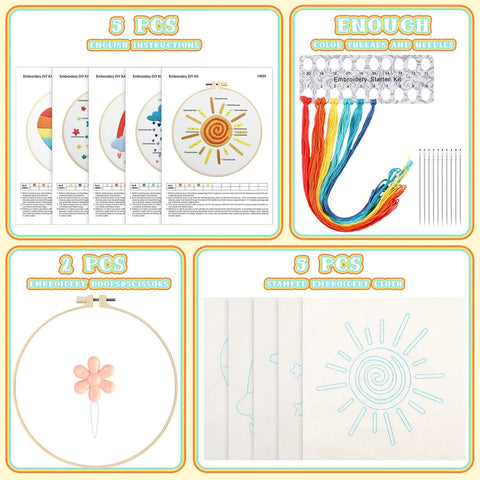 Five Piece Starter Embroidery Kit For Beginners With Boho Cross Stitch Patterns, Two Embroidery Hoops, Floss, Needles, Thread Guide, And Step By Step Instructions For DIY Rainbow Themed Projects displayed, includes patterns, hoops, threads.