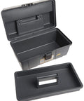 Open Grab N Go 16 Inch Tool Box With Tray Heavy Duty Latches And Handle Graphite Gray And Black Lift Out Tray Two Removable Organizers