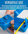 MS-6 Mid Span Fiber Optic Cable Slitter for 1.2 to 3.3 mm cables showing precise groove slots in use.