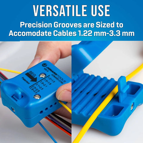 MS-6 Mid Span Fiber Optic Cable Slitter for 1.2 to 3.3 mm cables showing precise groove slots in use.