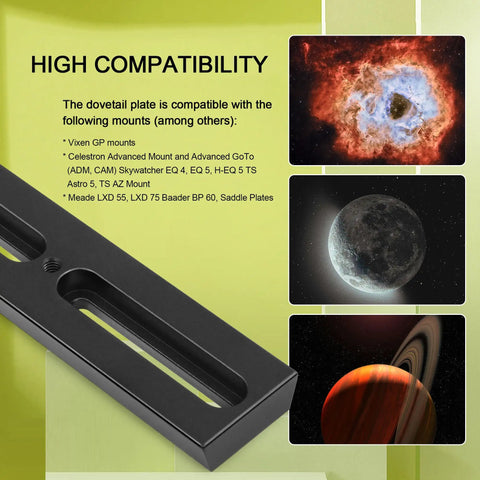 180mm Dovetail Mounting Plate For Vixen GP Style Quick Release, with space imagery and compatibility details