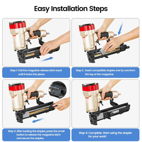 Easy installation steps for Heavy Duty 16 Gauge 1 Inch Wide Crown Pneumatic Stapler For Roofing And Lathing