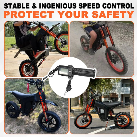 Integrated M Key Display Throttle Grip with LCD Speedometer for Soleil 01 Electric Motorcycle, shown disassembled with key.