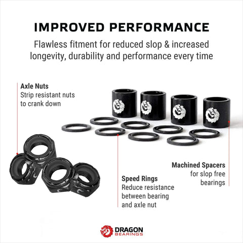 Speed Kit Spacer Washer And Axle Nut For Skateboard And Longboard Bearing Performance Boost Universal Truck Fitment For Reverse Kingpin And Traditional Trucks Black, featuring axle nuts, speed rings, and machined spacers.