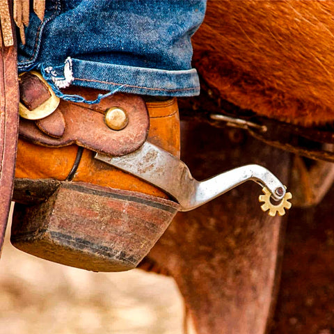 Rider wearing Stainless Steel Horse Spurs For Men And Women, Rustproof Boot Spurs With Brass Swing Buttons, on cowboy boots.