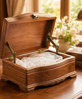 Wooden box with Six Piece Antique Brass Lid Support Folding Hinges For Jewelry Boxes And Wooden Cabinets, open with decorative fabric inside.