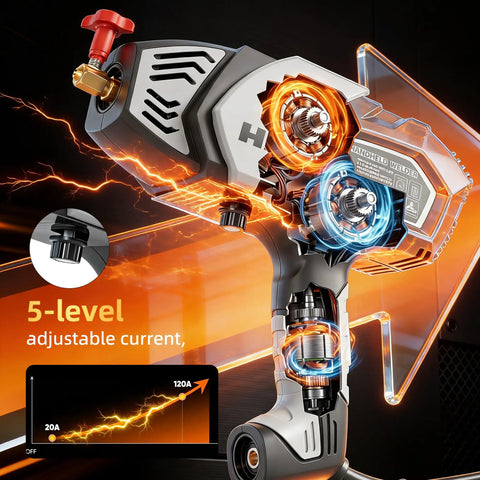 Portable 110V Arc Welder With IGBT Inverter Five Adjustable Current Settings for 3/32 to 1/8 Inch Rods, dynamic electrical graphic.