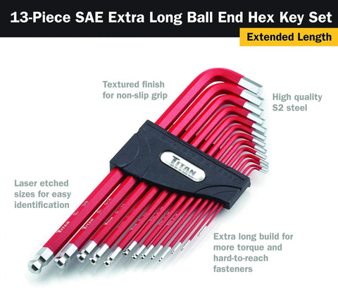 Extra Long Arm Ball End SAE Hex Key Set 13 Piece With S2 Steel Satin Plated Finish And Non Slip Grip Ball End in holder.