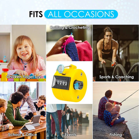 Hustle Ready 6 Pack Mechanical Tally Counters With 4 Digit Dials And Bright Assorted Colors For Snappy Team Tracking At Sports Pitches Warehouse Floors Or Block Parties display with children, knitting, sports, and fishing.