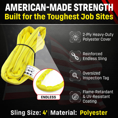 Yellow Round Sling 4 Ft Built Tough Heavy Duty Endless Polyester Rigging Sling For Lifting And Material Handling Made In USA 8400 Lb Vertical 6720 Lb Choker 16800 Lb Basket Capacity Double Ply Cover displayed with features and specifications