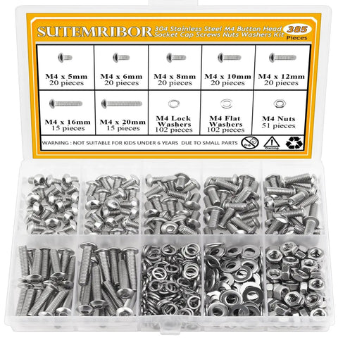 Top Shelf M4 Screw Nut Washer Assortment Kit Stuffed With 385 Pieces Of Fully Threaded 304 Stainless Steel Fasteners in organized case.