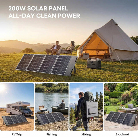Ultra Light 200W Foldable Solar Panel 12V with Next Gen BC Tech in use at campsite with tent and power station for RVs camping off grid