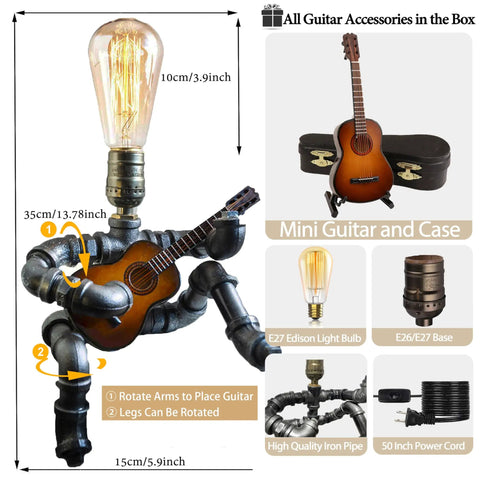 Steampunk Guitar Table Lamp For Music Lovers, Industrial Pipe Edison Bulb Nightstand Light, Retro Metal Guitar Decor, 13.78-inch high