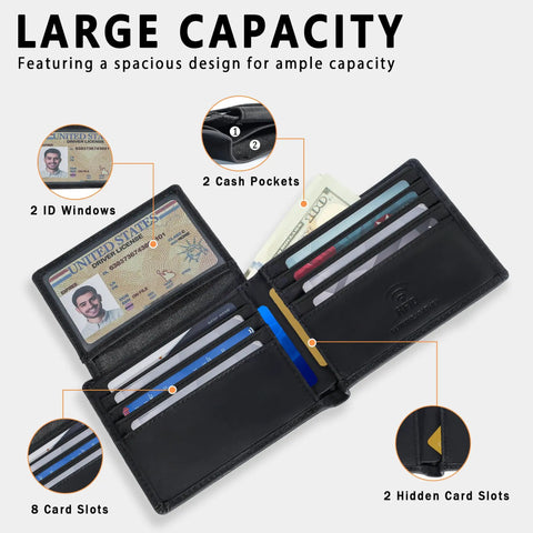 Genuine Leather Bifold Wallet For Men With Gift Box Handmade Style RFID Blocking Two ID Windows Durable Everyday Carry Classic Mens Wallet For Work And Travel Great Gift Idea showing open interior with card and ID slots