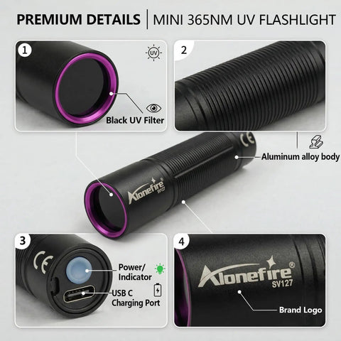 Compact 365nm UV Blacklight with USB C Rechargeable Battery showing aluminum body and USB-C charging port