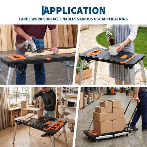 Four different uses of the 7-in-1 Folding Workbench With Wheels Portable Workshop Station Converts To Sawhorse Low Work Table Dolly And Hand Truck For Garage Jobsite Woodworking And DIY Projects Be Your All-in-One Build Beast shown in action.