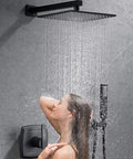 Woman enjoying the Matte Black Shower System With Rain Shower And Handheld, 10 Inch Square Brass Rain Head in operation.