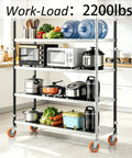 5 Inch Heavy Duty Expanding Stem Swivel Caster Wheels Universal Fit For Stainless Steel Prep Tables shown on a movable kitchen rack.