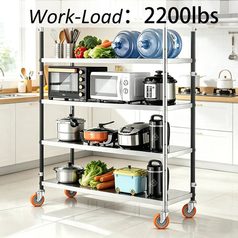 5 Inch Heavy Duty Expanding Stem Swivel Caster Wheels Universal Fit For Stainless Steel Prep Tables shown on a movable kitchen rack.