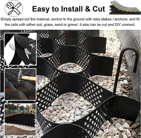 Permeable Geocell Grid System for Stabilization and Drainage with heavy-duty HDPE cells on gravel, installation guide inset images.
