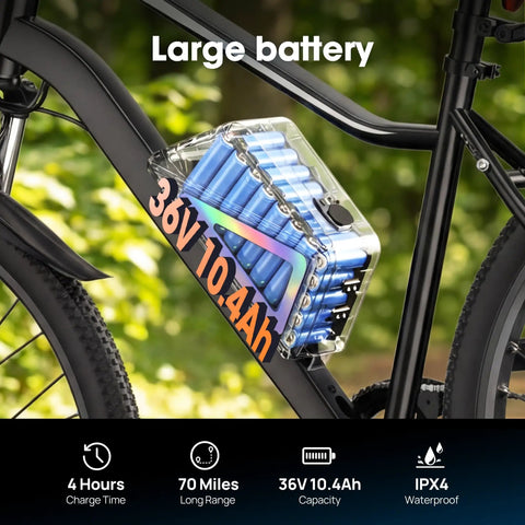 All Terrain Electric Mountain Bike With 1000W Peak Power, 20 mph Top Speed, 70 Mile Range, large battery detail
