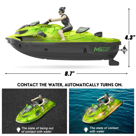 Kids RC Boat With LED Lights, Self Righting Jet Ski, 2.4GHz Remote Control For Ages 6 And Up, Green, with water sensor dimensions