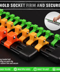 Close-up of 18 Piece Socket Organizer Set With Quarter Inch 96 Clips Three Eighths Inch 90 Clips And Half Inch 72 Clips For Tool Box Drawer Drive Socket Trays Color Coded For SAE And Metric Sockets Heavy Duty ABS Plastic showing color-coded clips.
