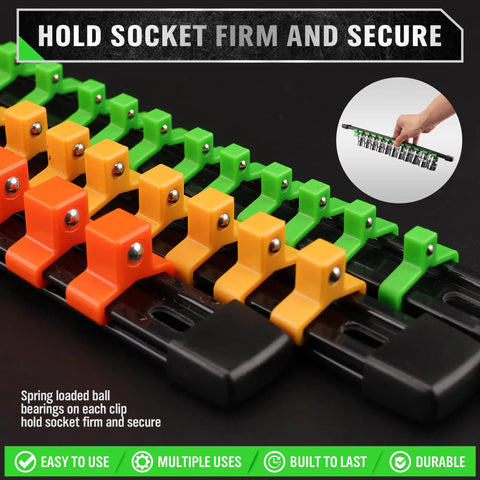 Close-up of 18 Piece Socket Organizer Set With Quarter Inch 96 Clips Three Eighths Inch 90 Clips And Half Inch 72 Clips For Tool Box Drawer Drive Socket Trays Color Coded For SAE And Metric Sockets Heavy Duty ABS Plastic showing color-coded clips.