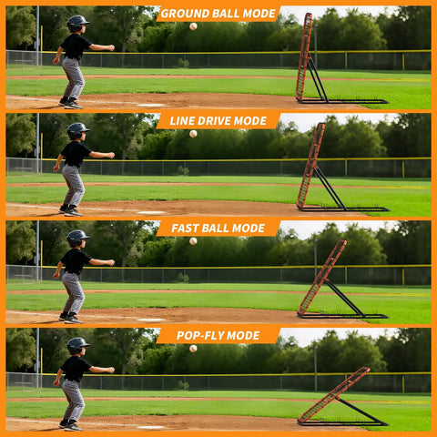 Portable Baseball Rebounder Net For Quick Pro Grade Returns With Four Adjustable Angles For Ground Balls, Fly Balls, Fastballs And More, 4 By 4.5 Ft Practice Tool For Baseball And Softball Training, Orange
