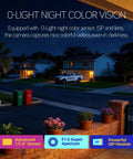 No Monthly Fee Solar Wireless Security Camera Outdoor With PTZ And AI Tracking Color Night Vision Thermal Detection 5G Dual Band WiFi 6 Self Powered By Solar Weatherproof displaying color night vision on residential street at night