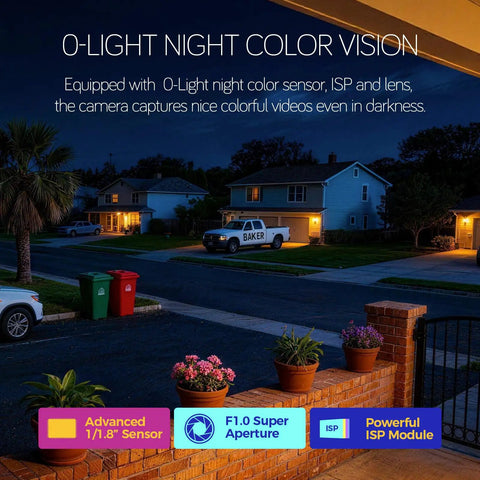 No Monthly Fee Solar Wireless Security Camera Outdoor With PTZ And AI Tracking Color Night Vision Thermal Detection 5G Dual Band WiFi 6 Self Powered By Solar Weatherproof displaying color night vision on residential street at night