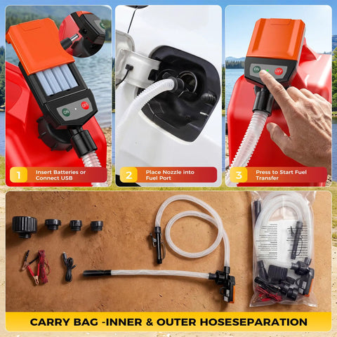 Slick Battery Powered Fuel Transfer Pump With Auto Stop Sensor For Spill Free Gas Moving, showing setup instructions and accessories.