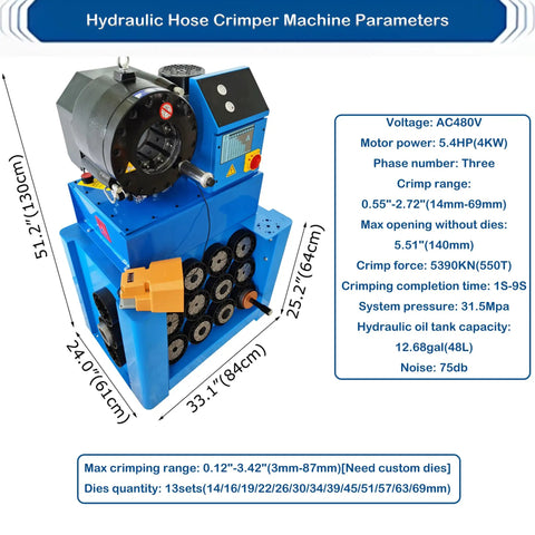 Professional Hydraulic Hose Crimping Machine Slick 0.55 To 2.72 Inch Electric Rubber Hose Press with specifications and dimensions.
