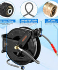 Pressure Washer Hose Reel With 50 Ft Three Eighths Inch Wire Braided Hose For Hot And Cold Water Auto Retractable Heavy Duty Reel 4000 PSI Black Ideal For Home DIY Garage Or Shop Use, showing brass fittings and 3/8" socket.