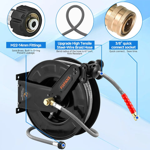 Pressure Washer Hose Reel With 50 Ft Three Eighths Inch Wire Braided Hose For Hot And Cold Water Auto Retractable Heavy Duty Reel 4000 PSI Black Ideal For Home DIY Garage Or Shop Use, showing brass fittings and 3/8" socket.