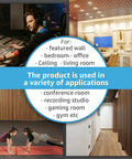Top Shelf Six Pack Soundproof Wood Slat Wall Panels Featuring Badass Acoustic Dampening To Level Up Room Vibes And Muffle Street Noise Sleek Walnut Finish For Studios Or Home Offices used in various room settings like offices, studios, and gyms.
