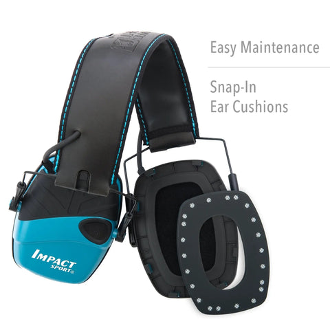 Impact Sport Electronic Shooting Earmuff With Sound Amplification Teal Color directional mics and snap-in ear cushions