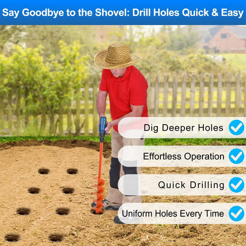 Man using Auger Drill Bit For Planting 4 By 32 Inch Garden Hole Drill For Digging Holes on soil in garden