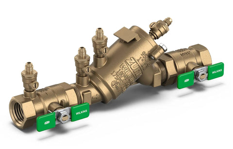Three Quarter Inch Double Check Backflow Preventer With Union Ball Valves EZSWAP Modular Check Top Access Test Ports Compact Bronze Body For Three Quarter Inch Piping, bronze assembly with green handles