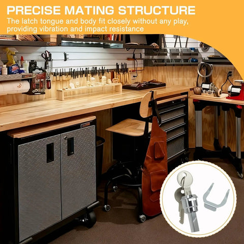 Stainless Steel Tool Box Lock Replacement Set With 180 Degree Rotation Universal Drawer Lock Kit in workshop with cabinets