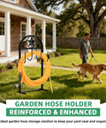 Upgraded Garden Hose Holder With Four Point Stable Base Freestanding Heavy Duty Hose Reel outdoors with hose