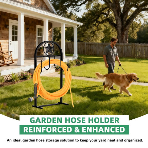 Upgraded Garden Hose Holder With Four Point Stable Base Freestanding Heavy Duty Hose Reel outdoors with hose