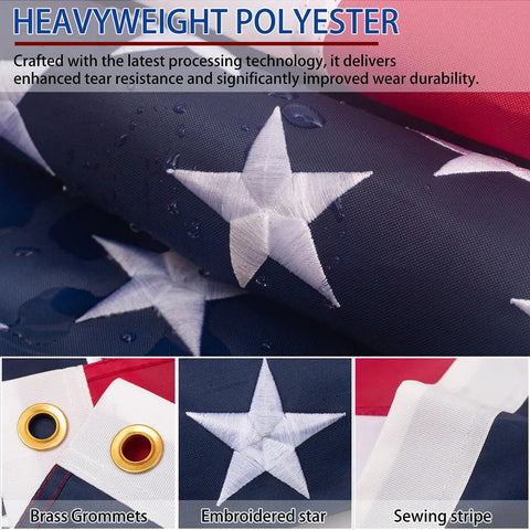 Heavy Duty 3x5 Outdoor American Flag For High Wind Waterproof Embroidered Stars Sewn Stripes Brass Grommets UV Fade Resistant