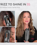 Automatic Rotating Curling Iron for Beachy Waves demonstration with frizz control on woman's hair, showing before and after results.