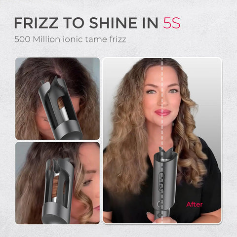 Automatic Rotating Curling Iron for Beachy Waves demonstration with frizz control on woman's hair, showing before and after results.