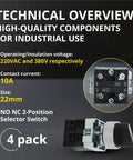 Technical overview of Rotary Switch With 2-Position Maintained Selector No NC Latching, 22mm Panel Mount, 220VAC 10A, 4-pack for industrial use