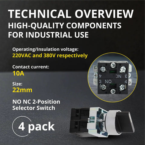Technical overview of Rotary Switch With 2-Position Maintained Selector No NC Latching, 22mm Panel Mount, 220VAC 10A, 4-pack for industrial use