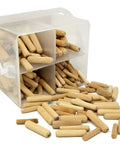 Birch Wood Fluted Dowel Pins In A 400 Piece Variety Bucket With One Quarter Inch, Five Sixteenths Inch, And Three Eighths Inch Dowels.